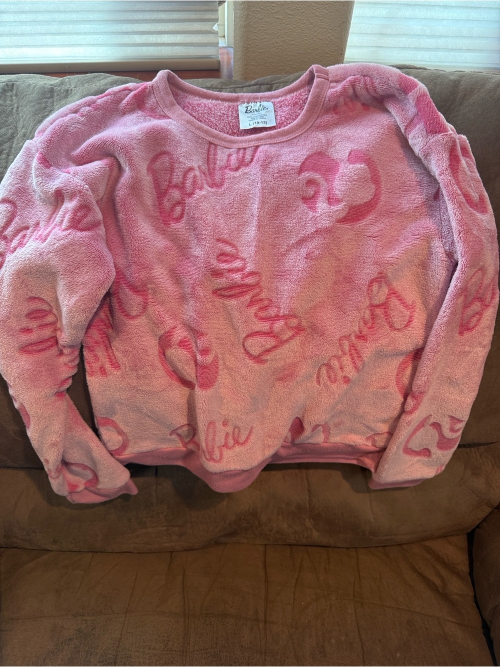 Barbie Plush Pink Crewneck with Script & Hearts